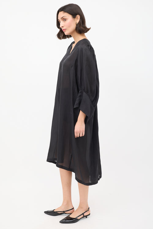 Dries Van Noten Black Silk Pleat Back Puff Sleeve Dress