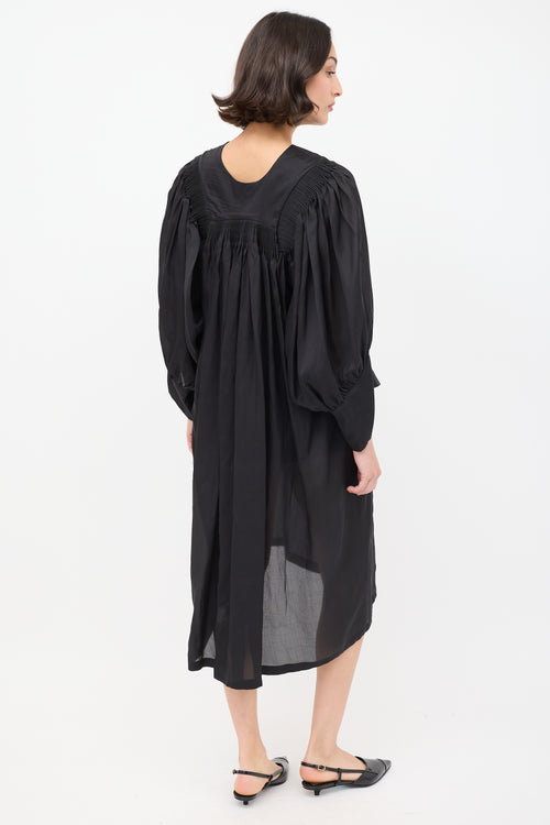 Dries Van Noten Black Silk Pleat Back Puff Sleeve Dress