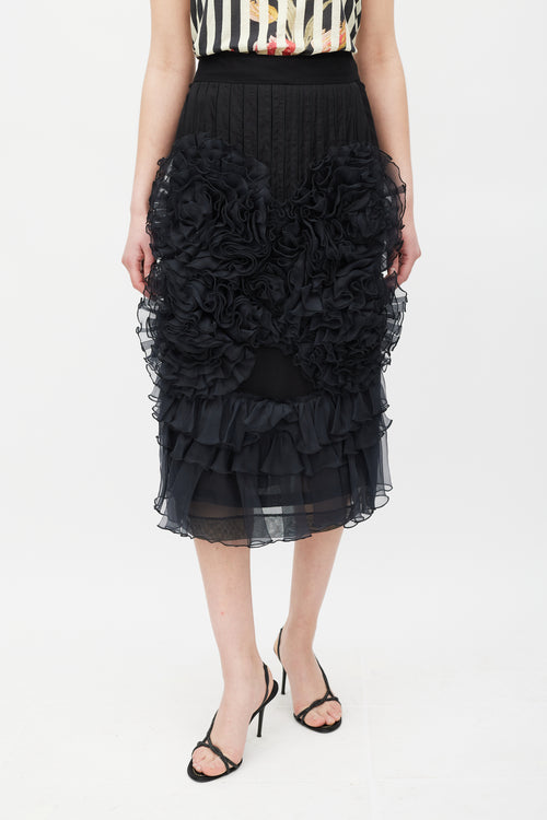 Dries Van Noten Black Silk Mesh Ruffled Skirt