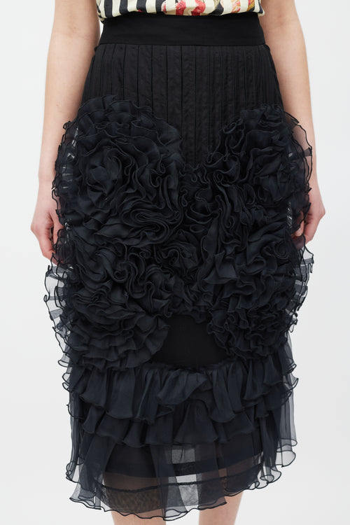 Dries Van Noten Black Silk Mesh Ruffled Skirt