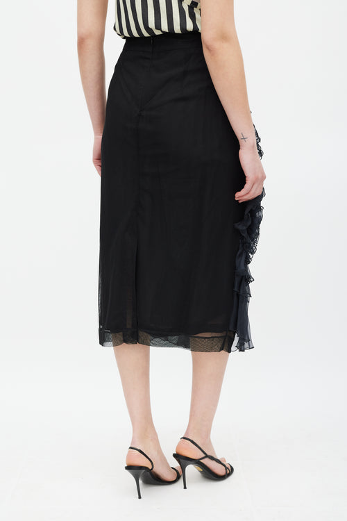 Dries Van Noten Black Silk Mesh Ruffled Skirt