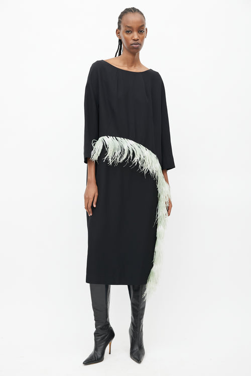 Dries Van Noten Black 
Teal Cady Feather Dress