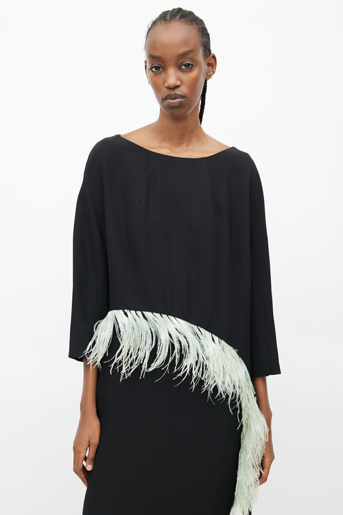 Dries Van Noten Black 
Teal Cady Feather Dress