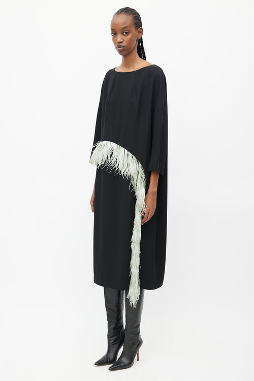 Dries Van Noten Black 
Teal Cady Feather Dress