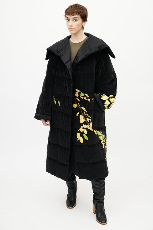 Dries Van Noten Black 
Yellow Floral Velour Puffer Jacket