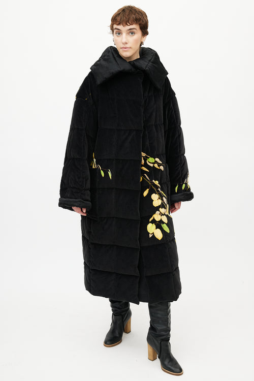 Dries Van Noten Black 
Yellow Floral Velour Puffer Jacket