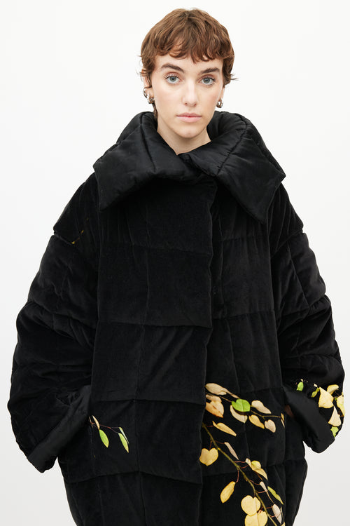 Dries Van Noten Black 
Yellow Floral Velour Puffer Jacket