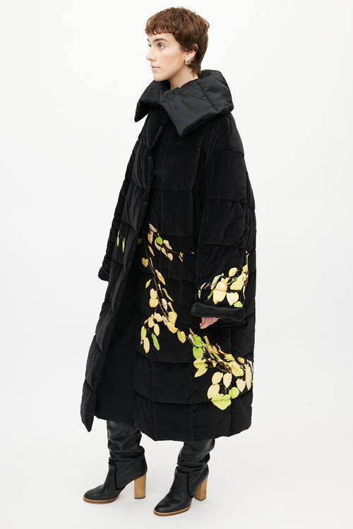 Dries Van Noten Black 
Yellow Floral Velour Puffer Jacket