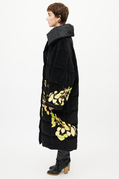 Dries Van Noten Black 
Yellow Floral Velour Puffer Jacket