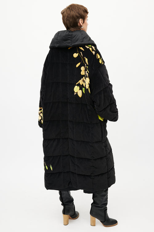 Dries Van Noten Black 
Yellow Floral Velour Puffer Jacket