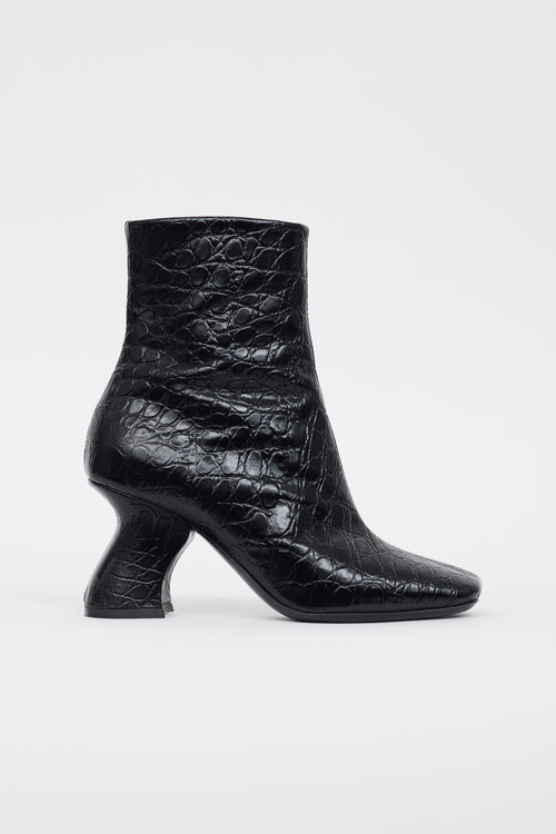 Dries Van Noten Black Leather Textured Abstract Heel Boot