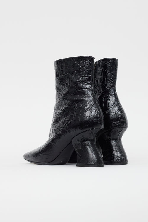 Dries Van Noten Black Leather Textured Abstract Heel Boot