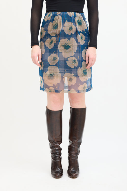 Dries Van Noten Blue 
Beige Silk Plaid Floral Skirt