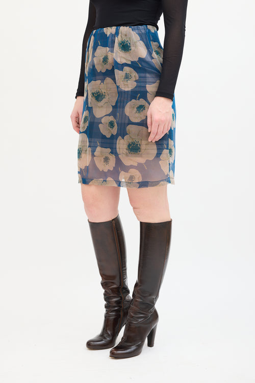 Blue 
Beige Silk Plaid Floral Skirt