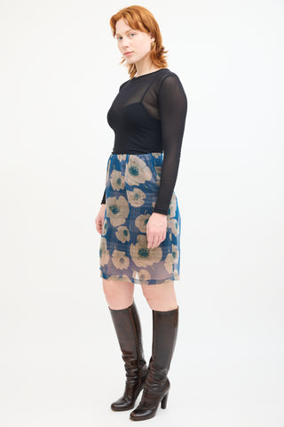 Dries Van Noten Blue 
Beige Silk Plaid Floral Skirt