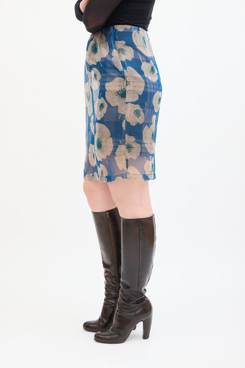 Blue 
Beige Silk Plaid Floral Skirt