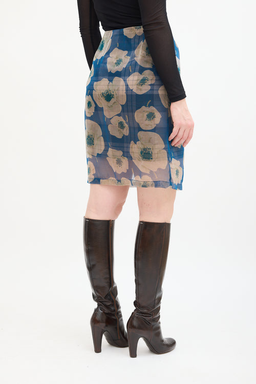 Blue 
Beige Silk Plaid Floral Skirt