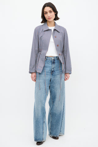 Dries Van Noten Blue 
Brown Check Drawstring Jacket