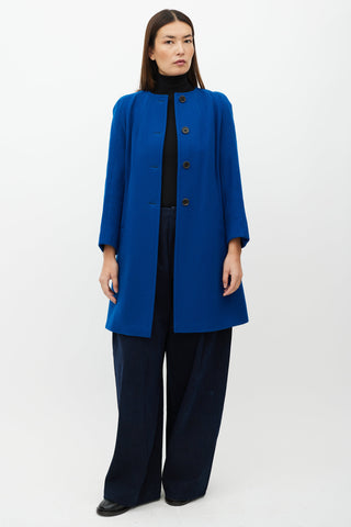 Dries Van Noten Blue Collarless Wool Blend Coat