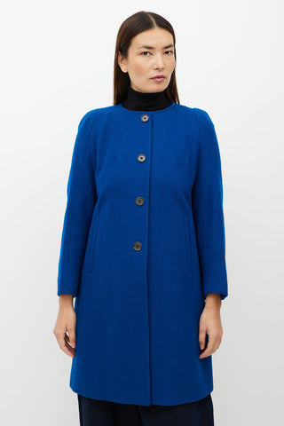 Dries Van Noten Blue Collarless Wool Blend Coat