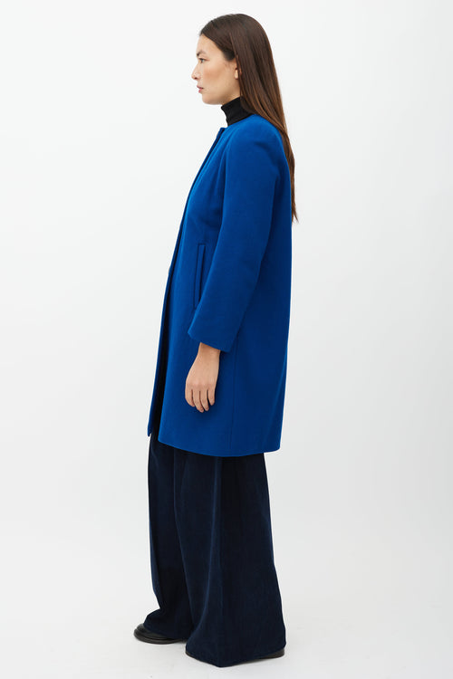 Dries Van Noten Blue Collarless Wool Blend Coat