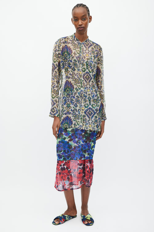 Dries Van Noten SS 2015 Blue 
Green Sheer Silk Geometric Print Blouse