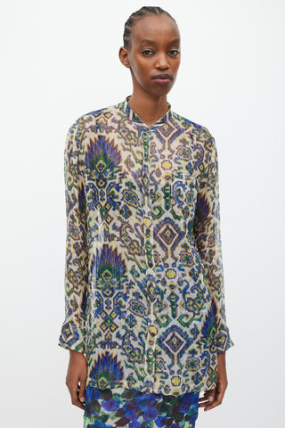 Dries Van Noten SS 2015 Blue 
Green Sheer Silk Geometric Print Blouse