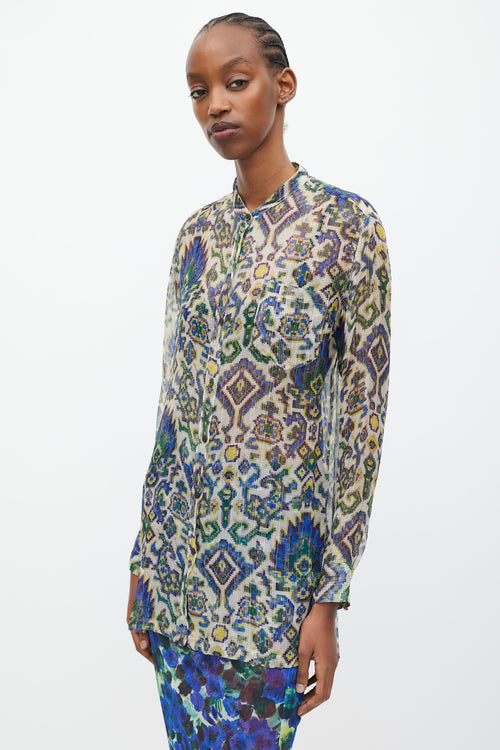 Dries Van Noten SS 2015 Blue 
Green Sheer Silk Geometric Print Blouse