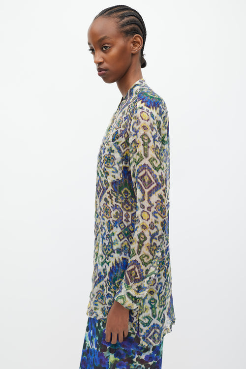 Dries Van Noten SS 2015 Blue 
Green Sheer Silk Geometric Print Blouse