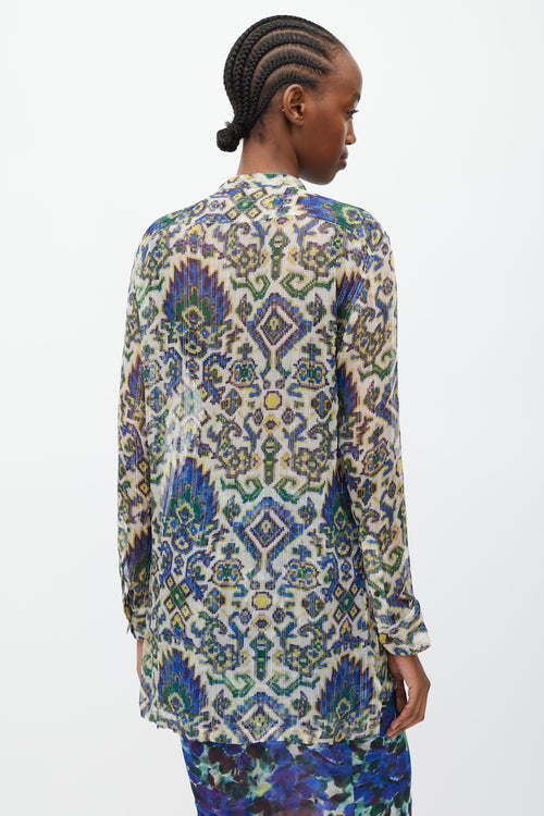 Dries Van Noten SS 2015 Blue 
Green Sheer Silk Geometric Print Blouse