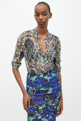 Dries Van Noten SS 2015 Blue 
Green Sheer Silk Geometric Print Blouse