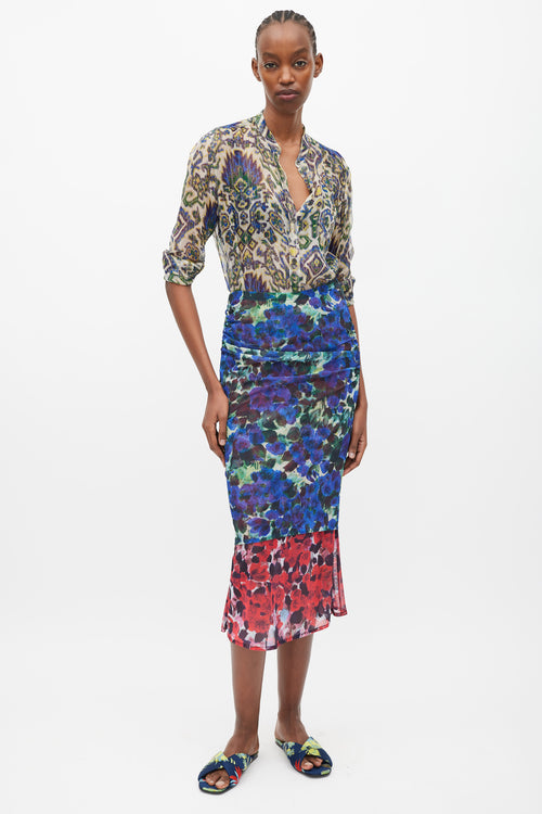 Dries Van Noten Blue 
Red Floral Mesh Ruched Midi Skirt