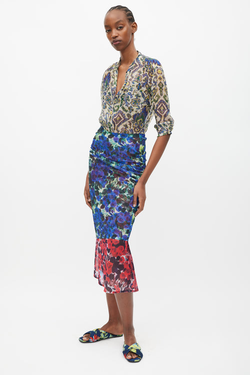 Dries Van Noten Blue 
Red Floral Mesh Ruched Midi Skirt