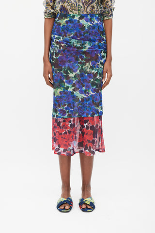 Dries Van Noten Blue 
Red Floral Mesh Ruched Midi Skirt