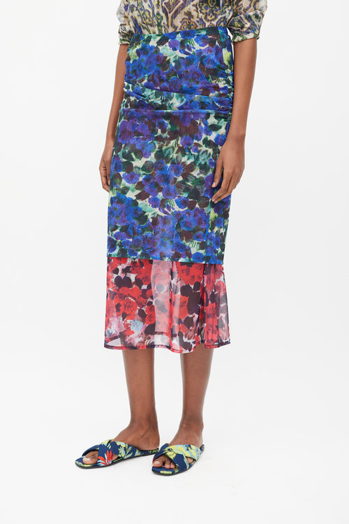 Dries Van Noten Blue 
Red Floral Mesh Ruched Midi Skirt