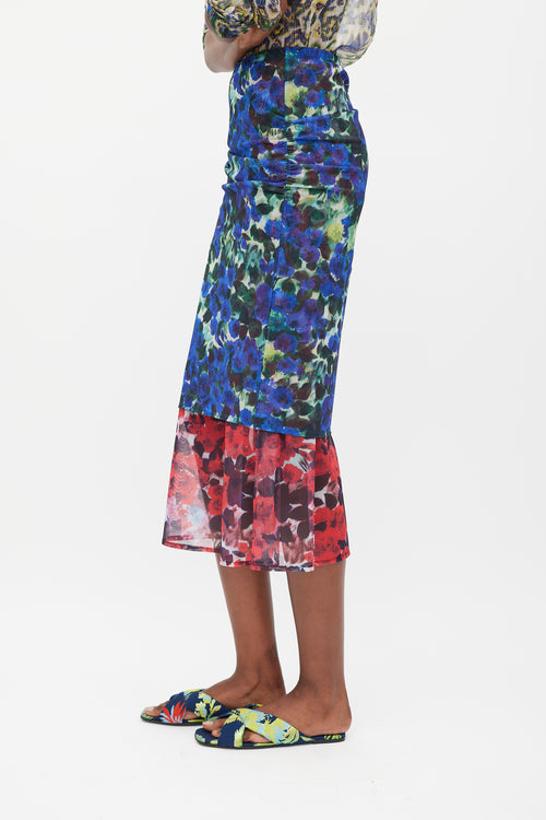 Dries Van Noten Blue 
Red Floral Mesh Ruched Midi Skirt