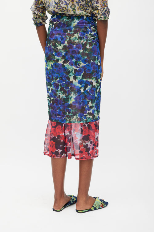 Dries Van Noten Blue 
Red Floral Mesh Ruched Midi Skirt