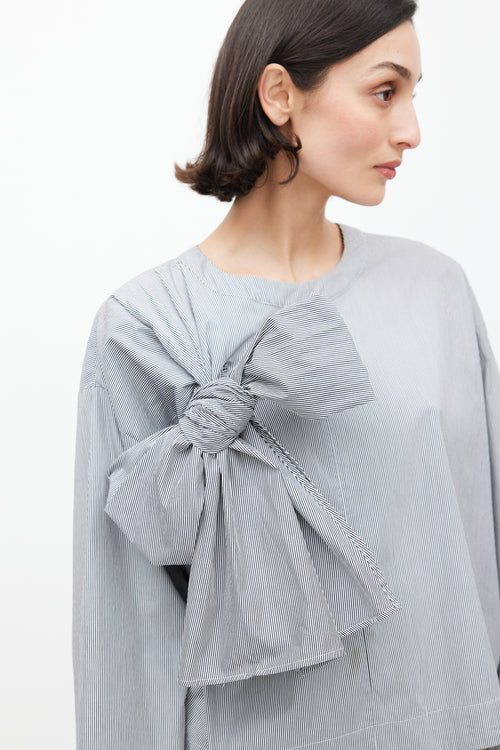 Dries Van Noten Blue 
White Pinstripe Bow Front Top