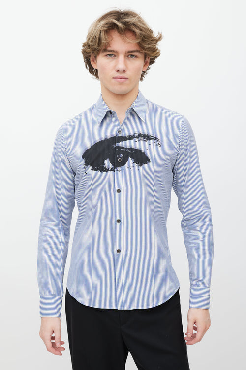 Dries Van Noten Blue 
White Striped Button Up Shirt