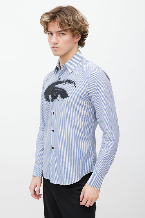 Dries Van Noten Blue 
White Striped Button Up Shirt