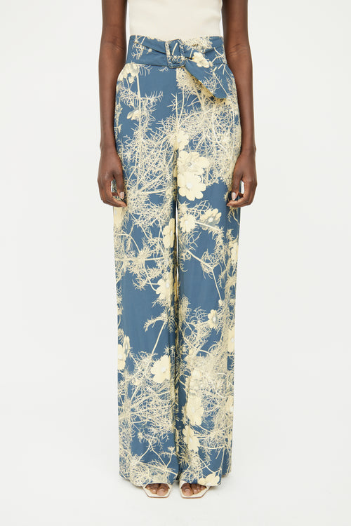 Dries Van Noten Blue 
Yellow Floral Buckle Pant