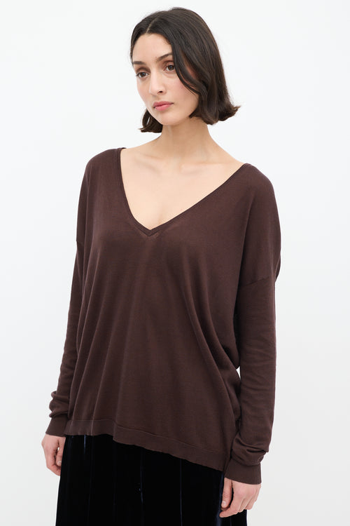 Dries Van Noten Brown Silk 
Cotton V-Neck Sweater