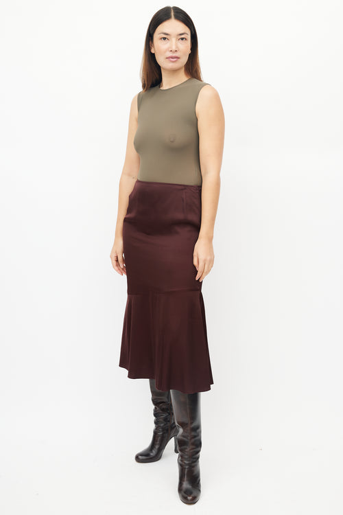 Dries Van Noten Burgundy Ruffled Satin Skirt