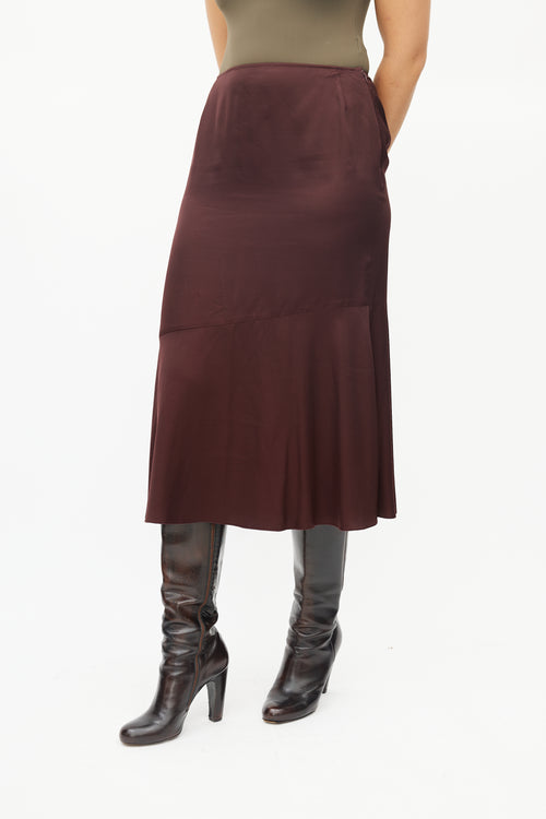 Dries Van Noten Burgundy Ruffled Satin Skirt