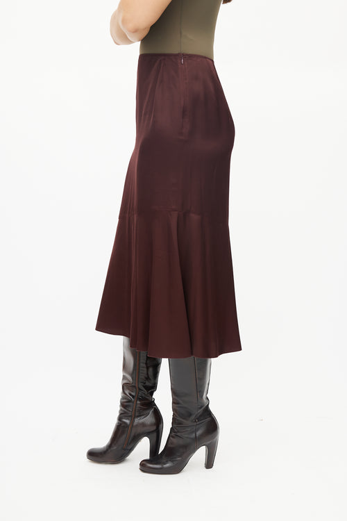 Dries Van Noten Burgundy Ruffled Satin Skirt