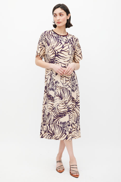 Dries Van Noten Cream 
Purple Stripe Printed Dress