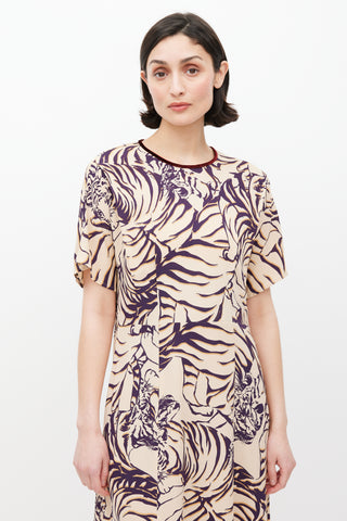 Dries Van Noten Cream 
Purple Stripe Printed Dress