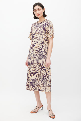 Dries Van Noten Cream 
Purple Stripe Printed Dress