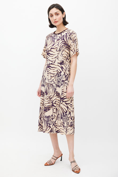 Dries Van Noten Cream 
Purple Stripe Printed Dress