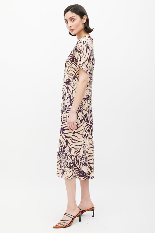 Dries Van Noten Cream 
Purple Stripe Printed Dress